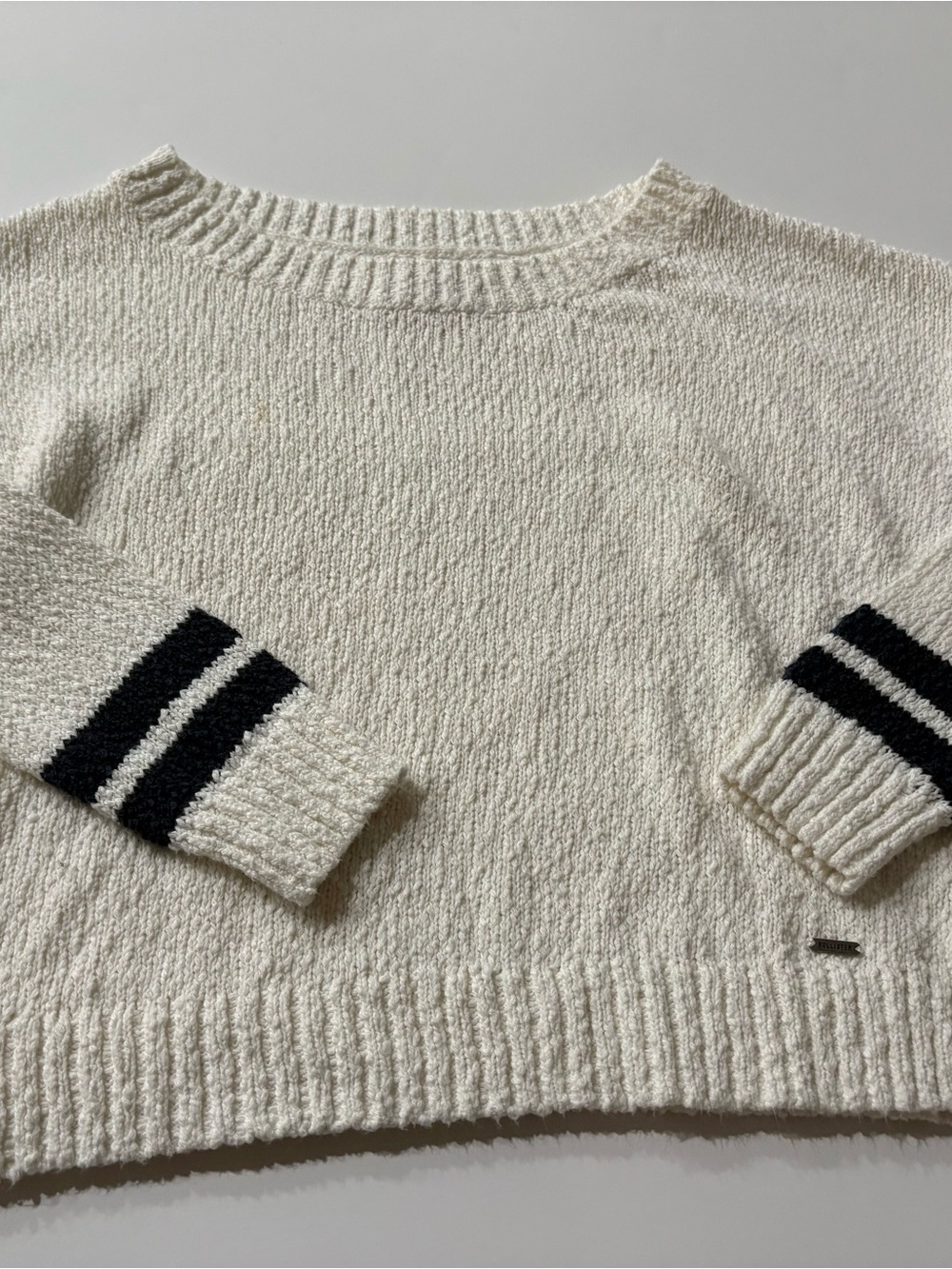 Hollister Cream Crewneck Sweater with Stripes on the Sleeves, XS